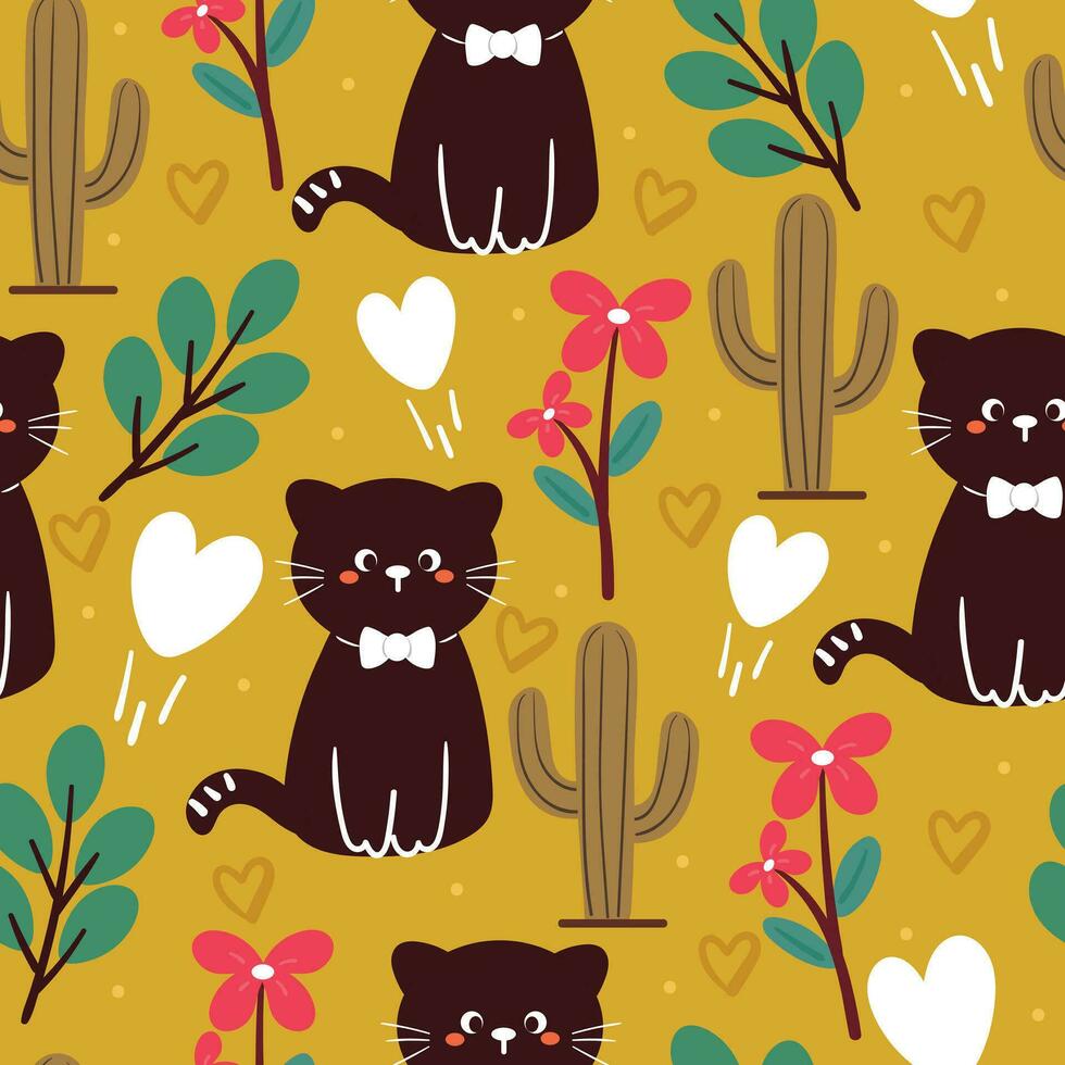 seamless pattern cartoon cat and flowers. cute animal wallpaper for textile, gift wrap paper vector