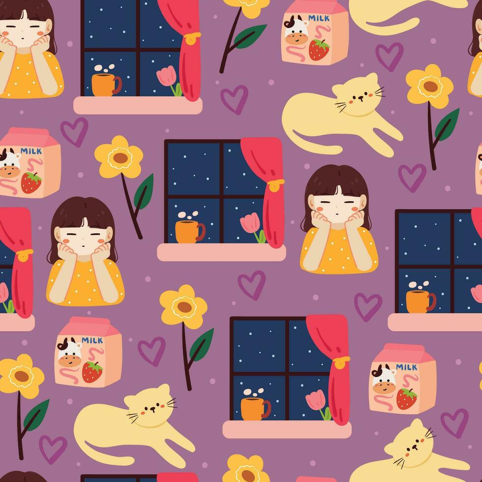 seamless pattern cartoon girl, window, cat, in purple background. cute wallpaper for girls, gift wrap paper vector