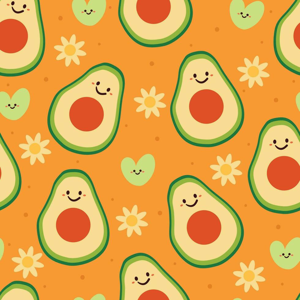 seamless pattern cartoon cute avocado character with flower in yellow background. cute wallpaper for gift wrap paper vector