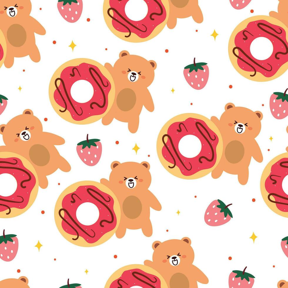 seamless pattern cartoon bear with strawberry doughnut. animal wallpaper for textile, gift wrap paper vector