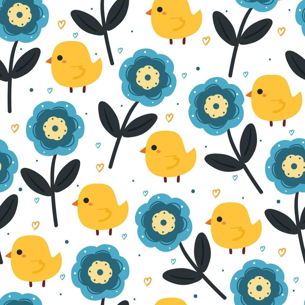 seamless pattern cartoon flower and chick. cute animal and botanical wallpaper for gift wrap paper vector