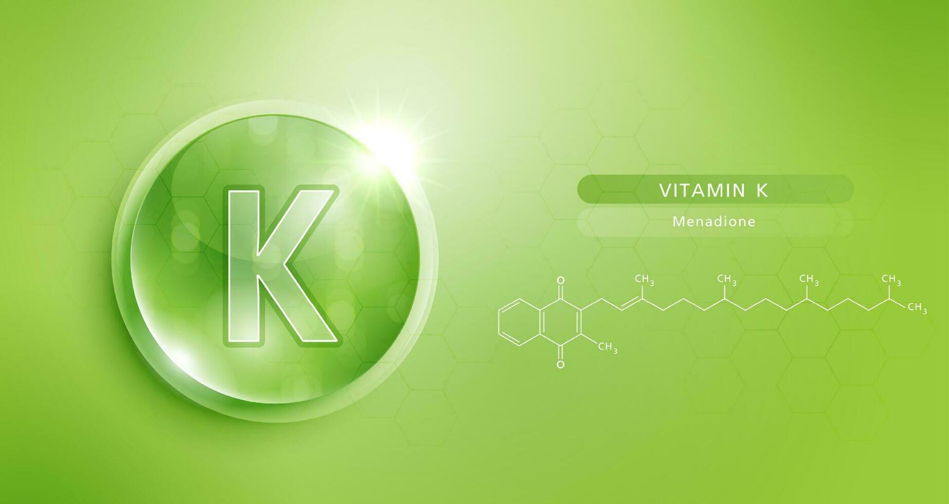 Drop water vitamin K green and structure. vitamin solution complex with chemical formula from nature. beauty treatment nutrition skin care design. medical and scientific concepts for cosmetic. vector