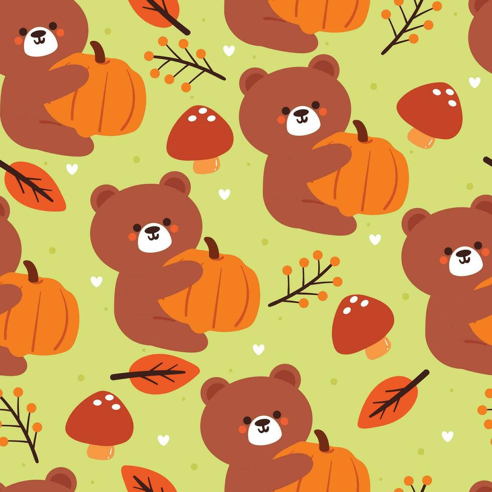 seamless pattern cartoon bear, leaves and autumn vibes element. cute autumn wallpaper for holiday. design for fabric, flat design, gift wrap paper vector