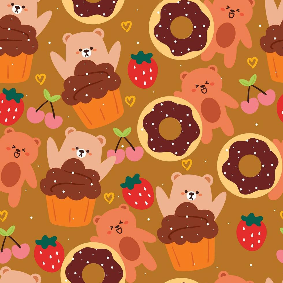 linda sin costura modelo dibujos animados oso con linda postre. animal fondo de pantalla para niños, textil, tela imprimir, regalo envolver papel vector