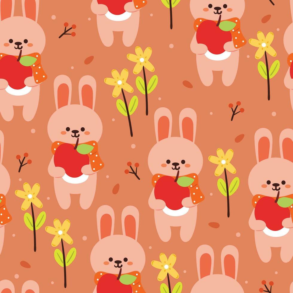 sin costura modelo dibujos animados conejito participación un manzana con hojas, flor y otoño vibraciones elemento. linda otoño fondo de pantalla para día festivo. diseño para tela, plano diseño, regalo envolver papel vector