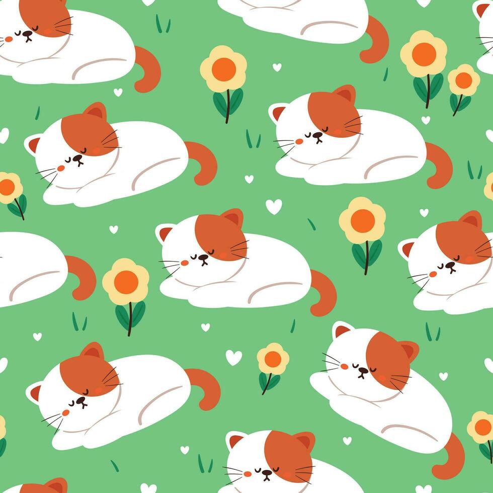 flor y gato de dibujos animados de patrones sin fisuras. lindo papel tapiz animal para textiles, papel de regalo vector