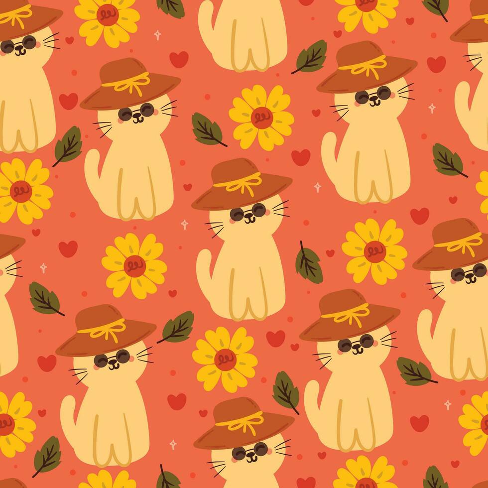 seamless pattern cartoon cat and flower. cute animal wallpaper for textile, gift wrap paper vector