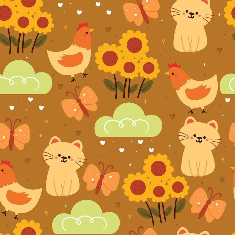 seamless pattern cartoon cat, chicken, butterfly with plant and flower. cute animal wallpaper for textile, gift wrap paper vector