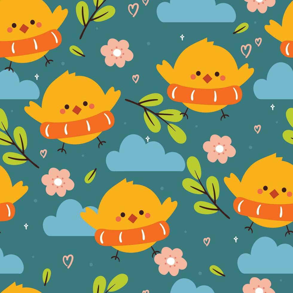 cute seamless pattern cartoon chick wearing swim ring lifebuoy with cute nature element vector