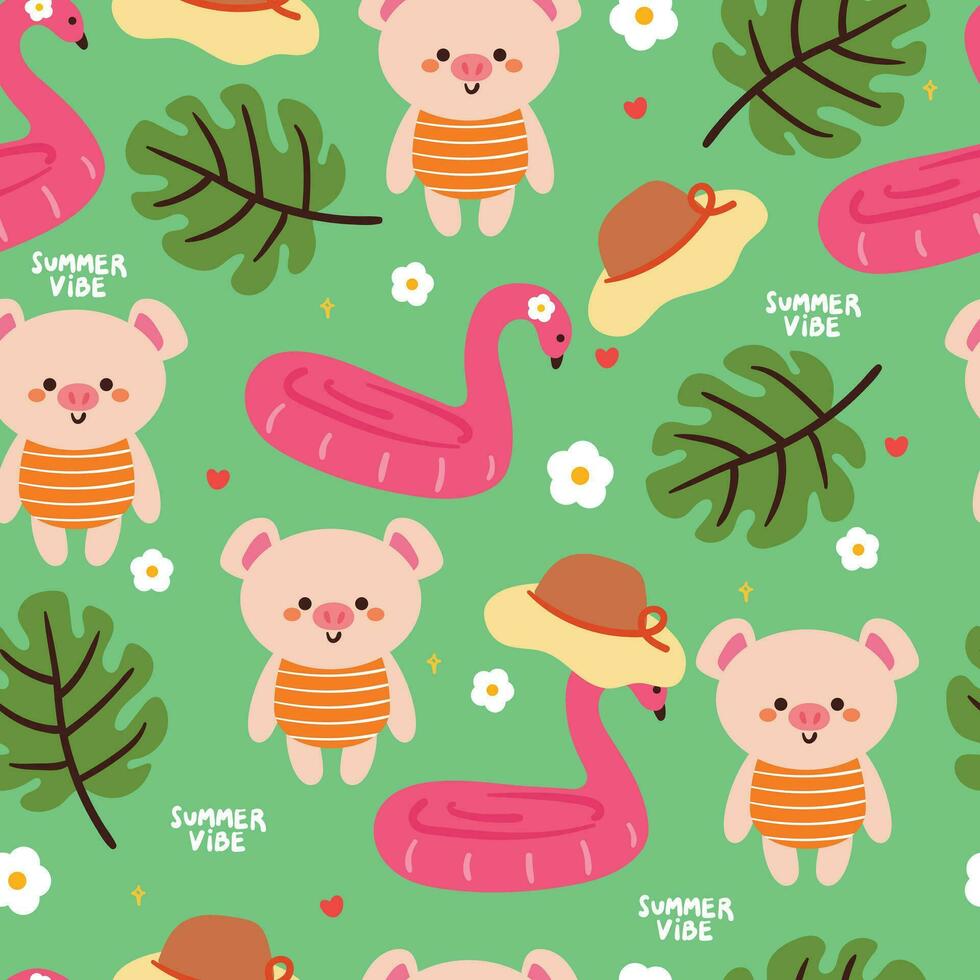 seamless pattern cute cartoon pig with summer vibes. cute summer wallpaper for background, card, gift wrap paper vector