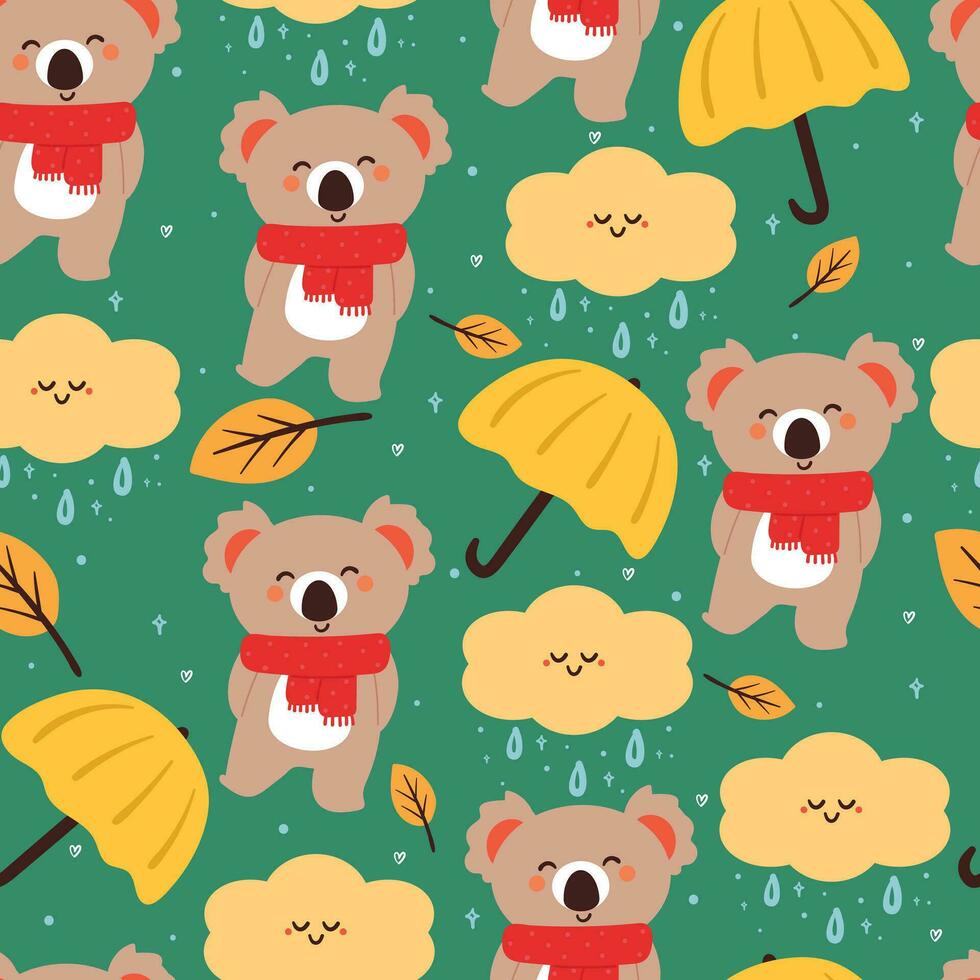 seamless pattern cartoon koala, leaves and autumn vibes element. cute autumn wallpaper for holiday. design for fabric, flat design, gift wrap paper vector