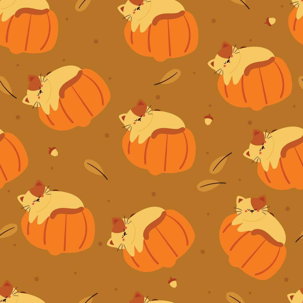 otoño sin costura modelo con dibujos animados calabaza y gato. linda otoño otoño fondo de pantalla para fiesta tema, regalo envolver papel vector