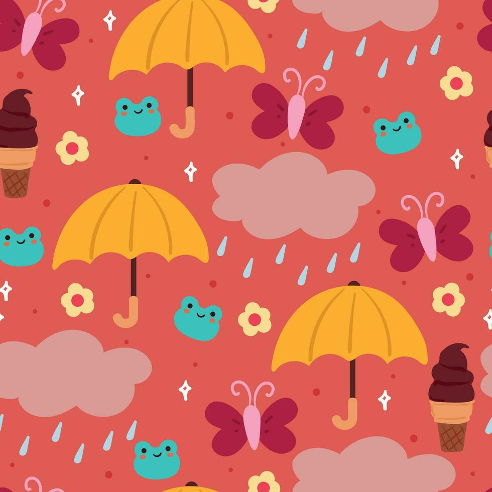 sin costura modelo dibujos animados lluvia y cielo con rana y mariposa. linda rosado fondo de pantalla para niños, regalo envolver papel vector