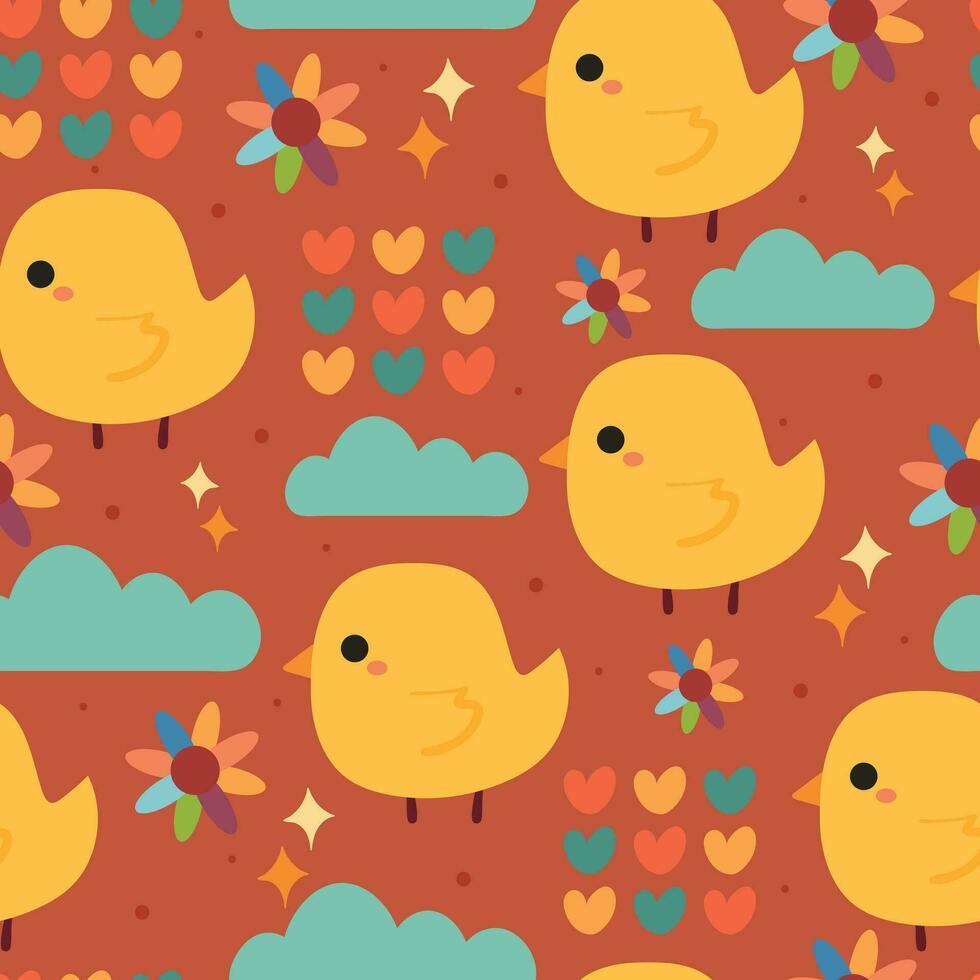 seamless pattern cartoon chick, clouds and heart shape, cute wallpaper for fabric print, gift wrap paper vector