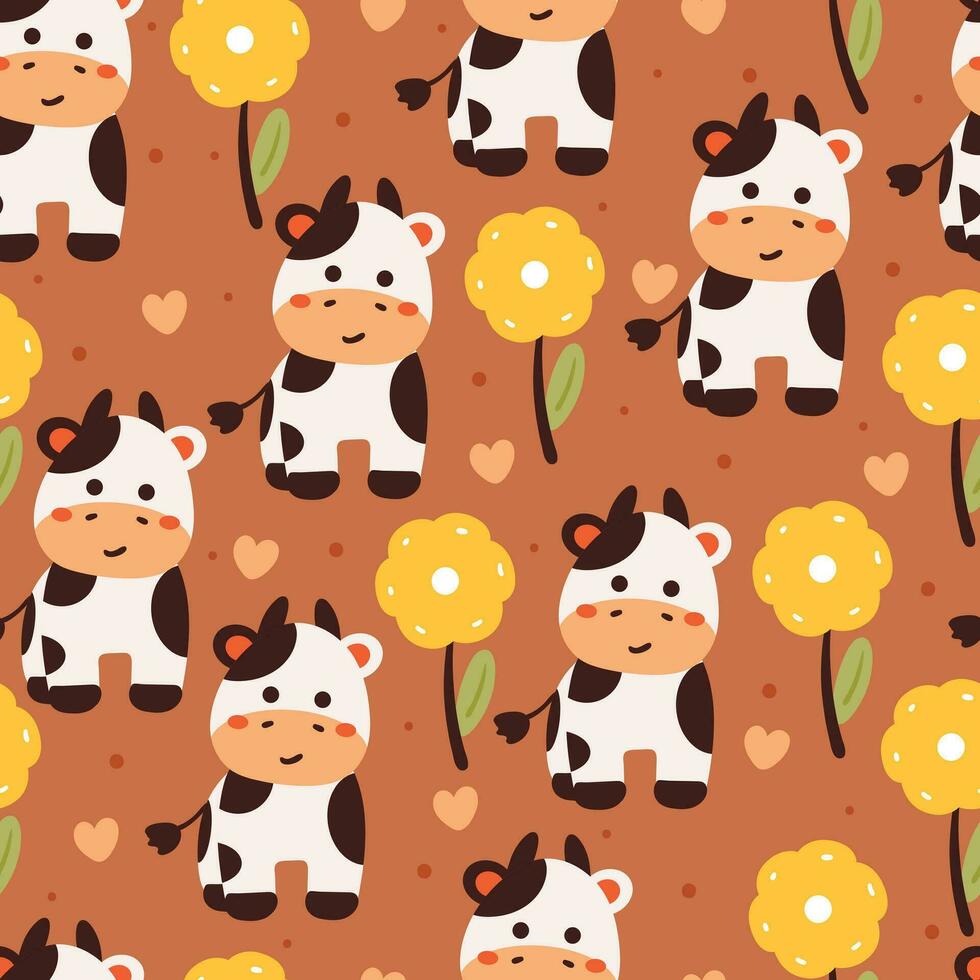 flor y vaca de dibujos animados de patrones sin fisuras. lindo papel tapiz de animales para textiles, papel de regalo vector