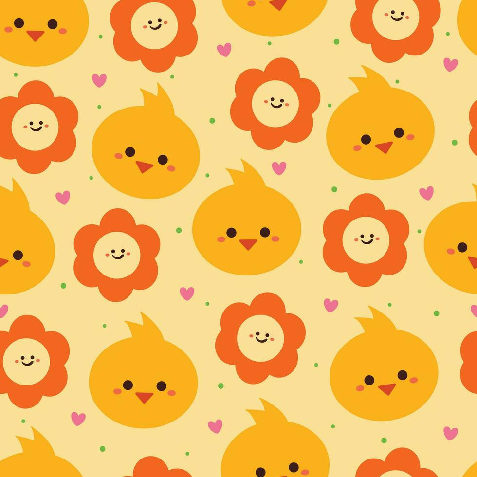 seamless pattern cartoon flower and chick. cute animal and botanical wallpaper for gift wrap paper vector