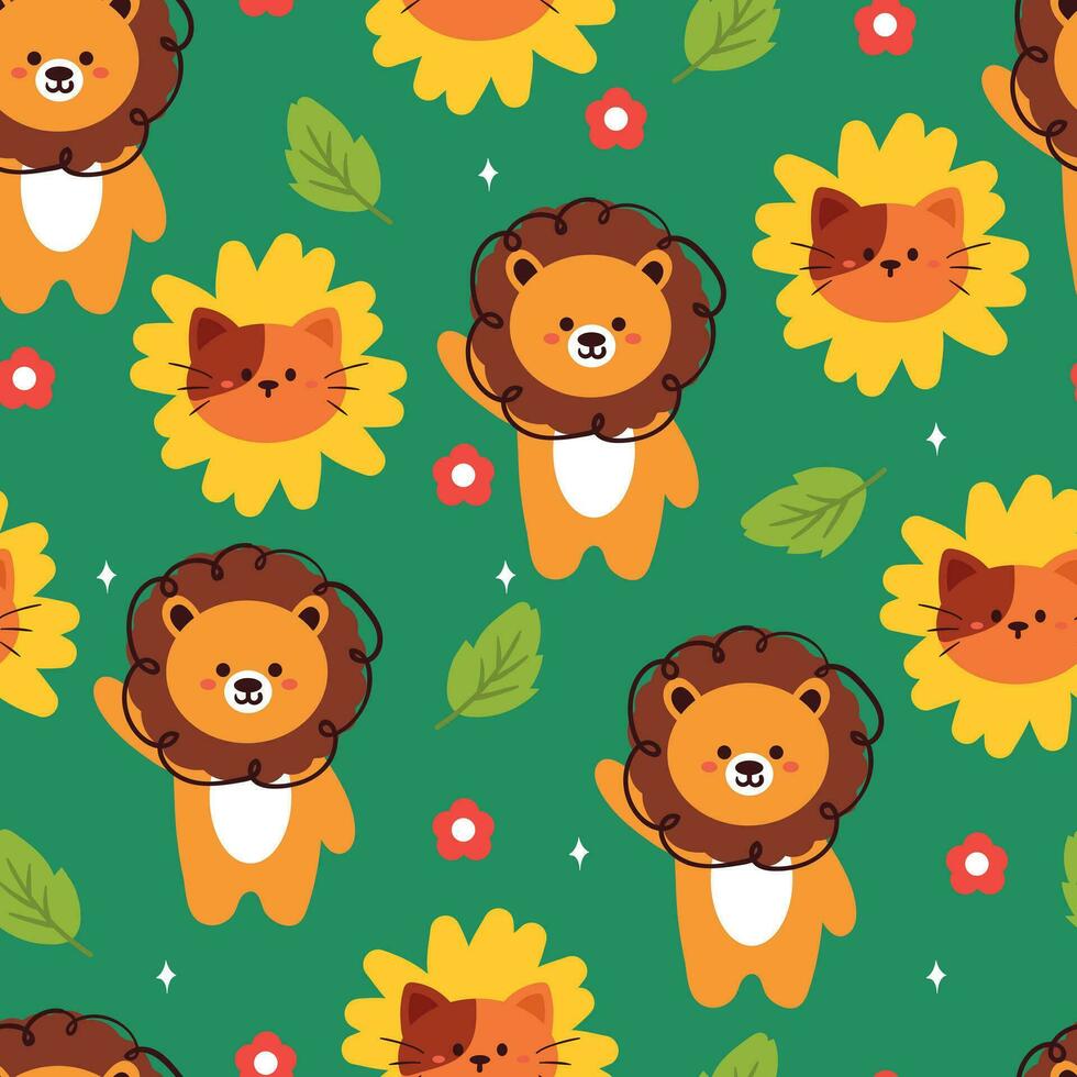 seamless pattern cartoon lion and cat with flower. cute animal wallpaper for textile, gift wrap paper vector