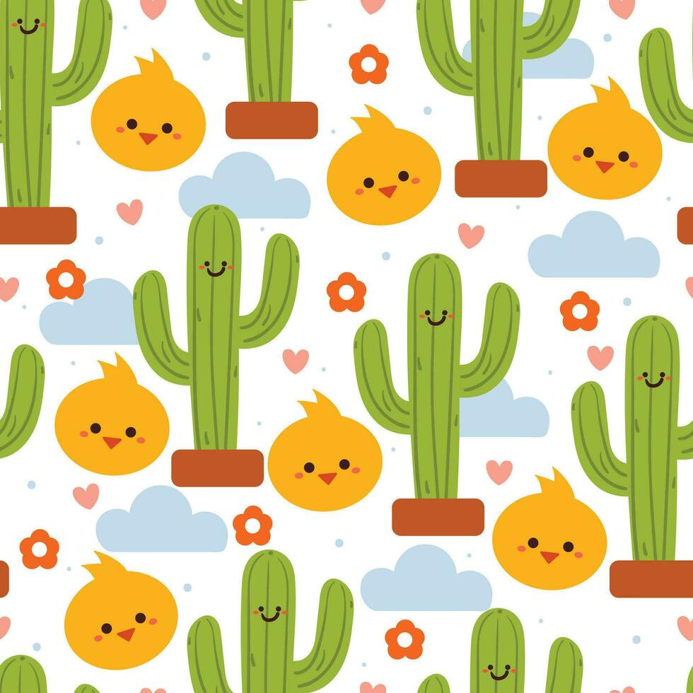 seamless pattern cartoon chick and plant. cute animal wallpaper for textile, gift wrap paper vector