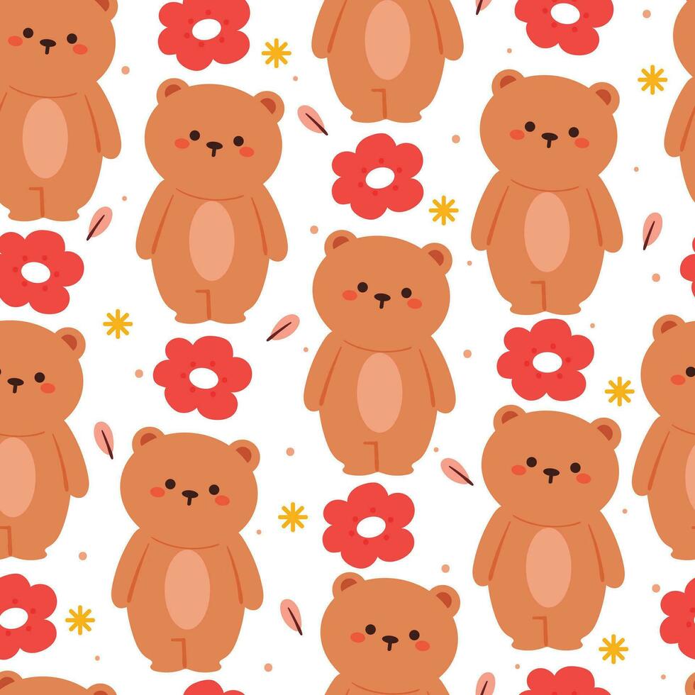 seamless pattern cartoon bear and flower. cute animal wallpaper illustration for gift wrap paper vector