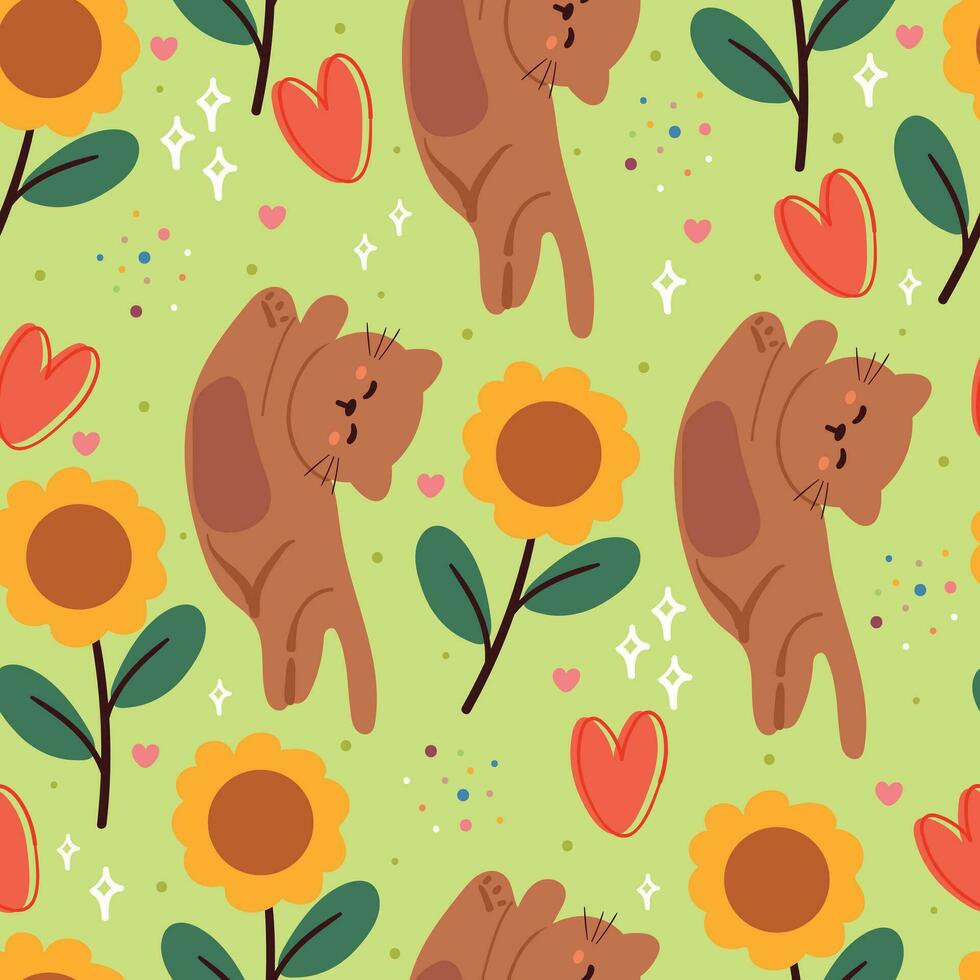 seamless pattern cartoon cat and flowers. cute animal wallpaper for textile, gift wrap paper vector