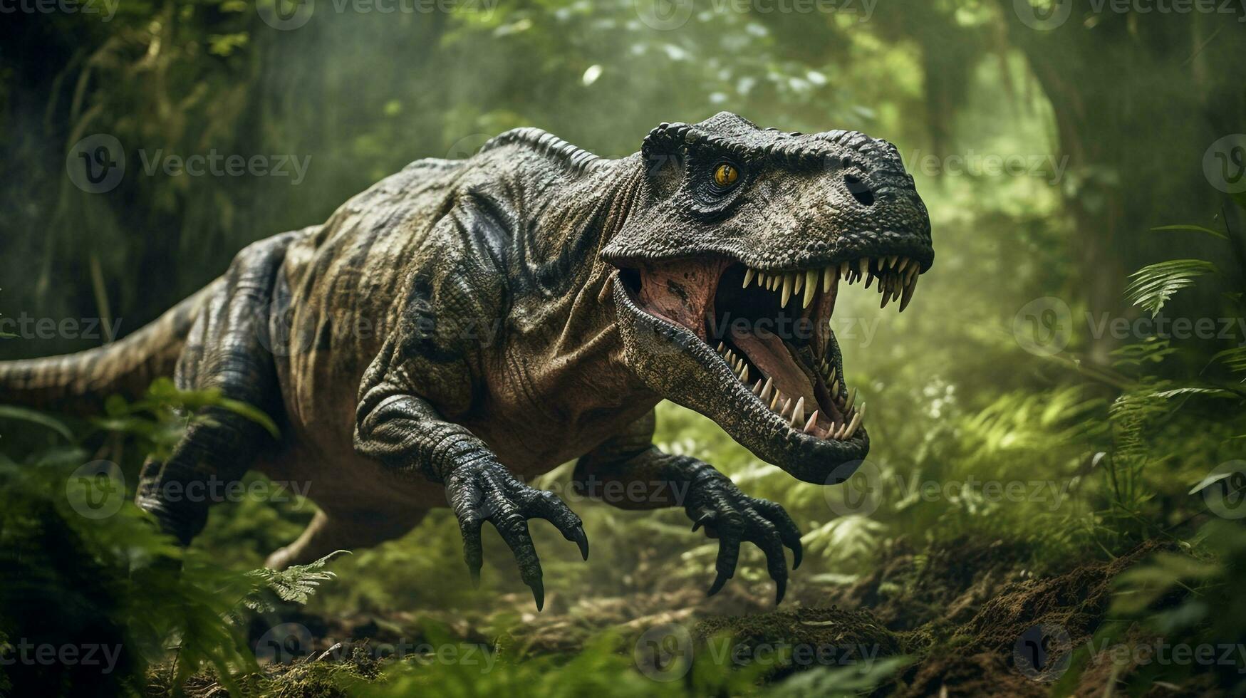 Photo of Tyrannosaurus Rex Rex in the Jungle. Generative AI