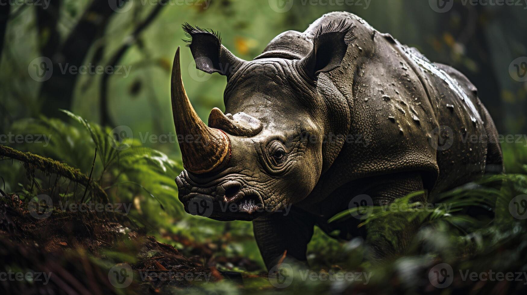 Photo of Triceratops Rex in the Jungle. Generative AI