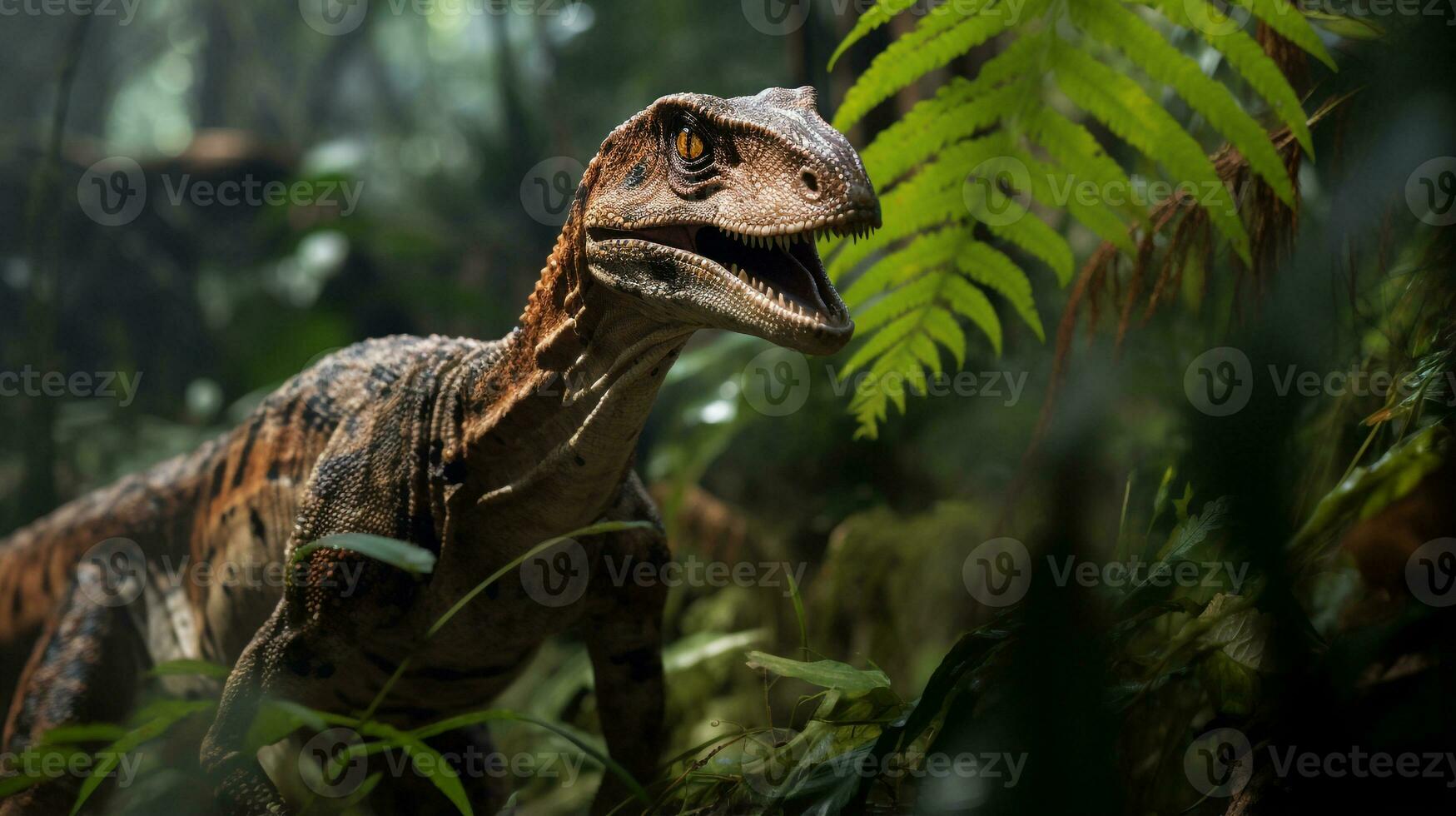 Photo of Velociraptor Rex in the Jungle. Generative AI