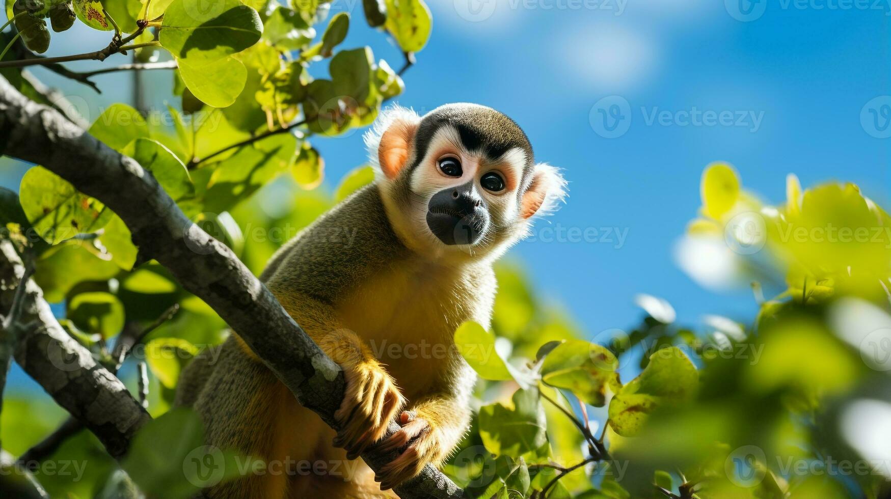 Photo of Squirrel Monkey in ther forest with blue sky. Generative AI