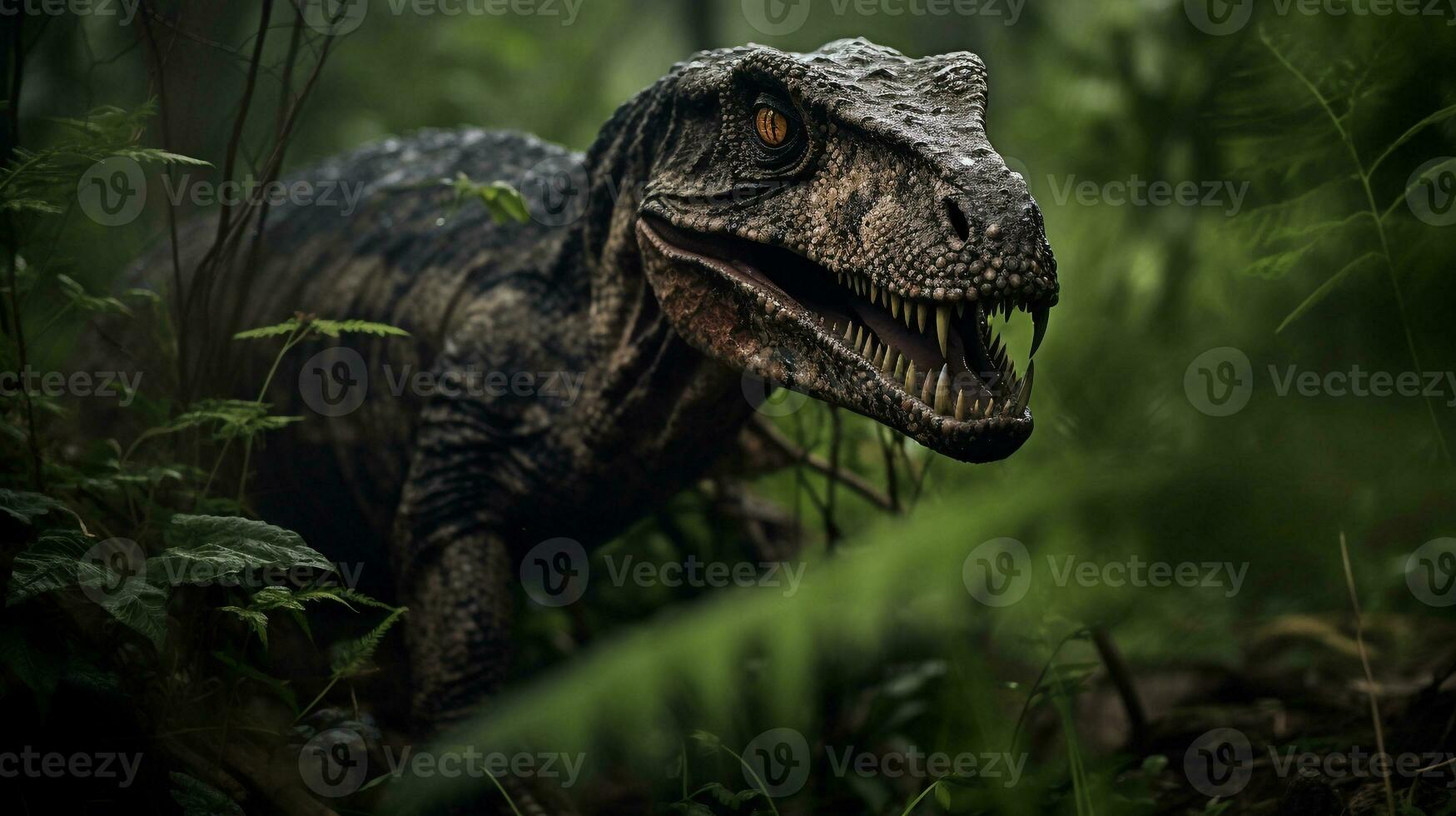 Photo of Velociraptor Rex in the Jungle. Generative AI