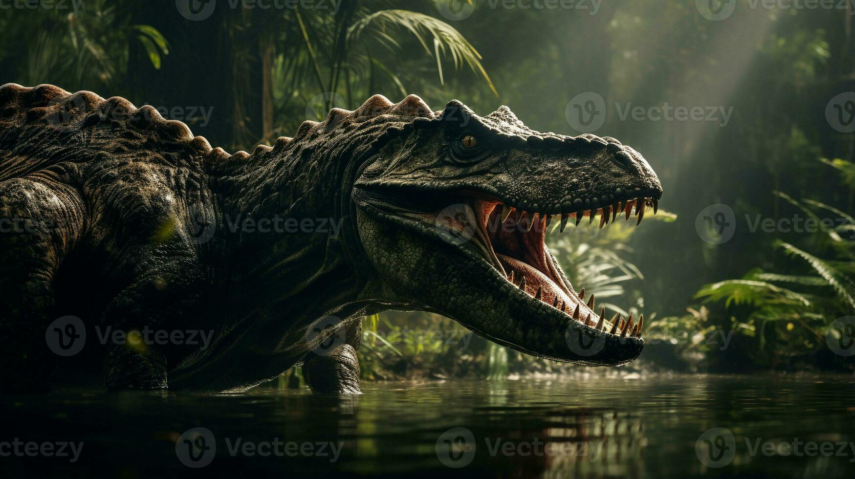Photo of Spinosaurus Rex in the Jungle. Generative AI