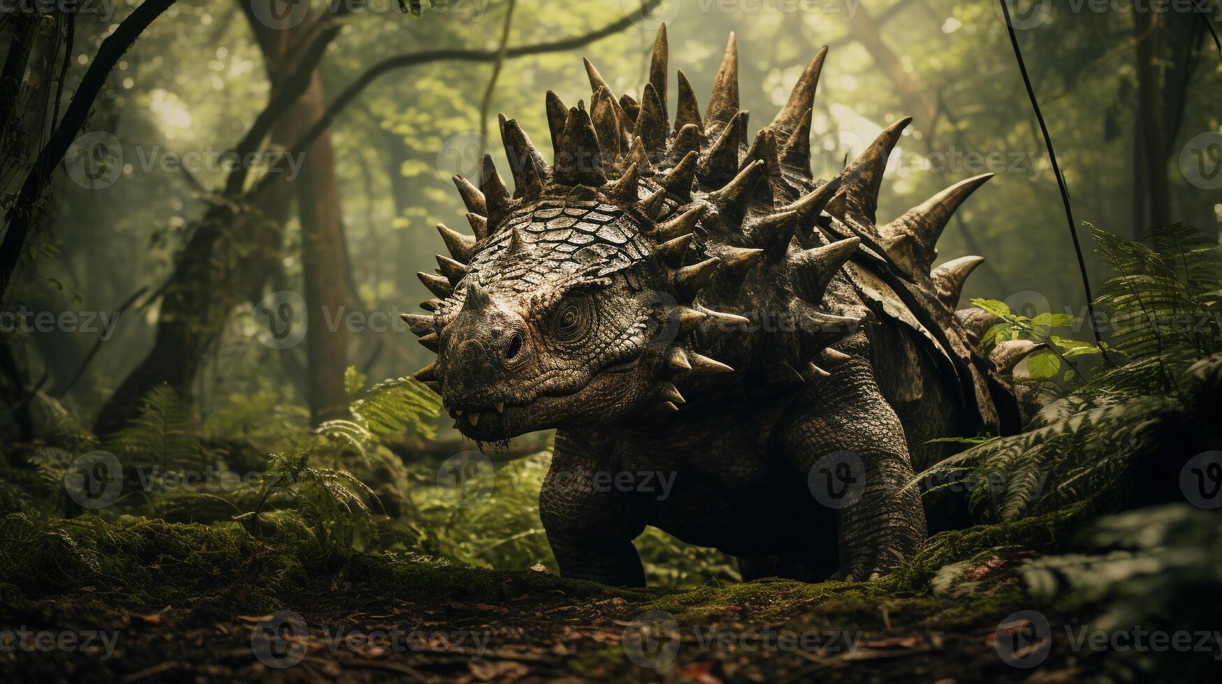 Photo of Stegosaurus Rex in the Jungle. Generative AI