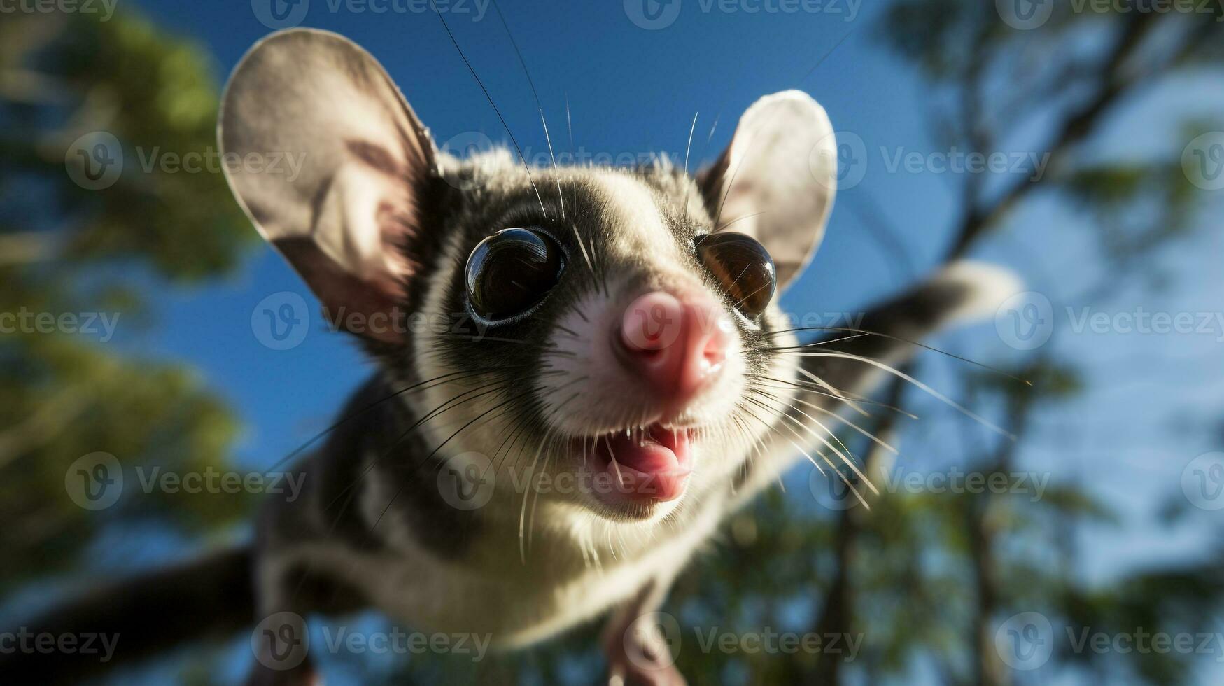 Photo of Sugar Glider in ther forest with blue sky. Generative AI