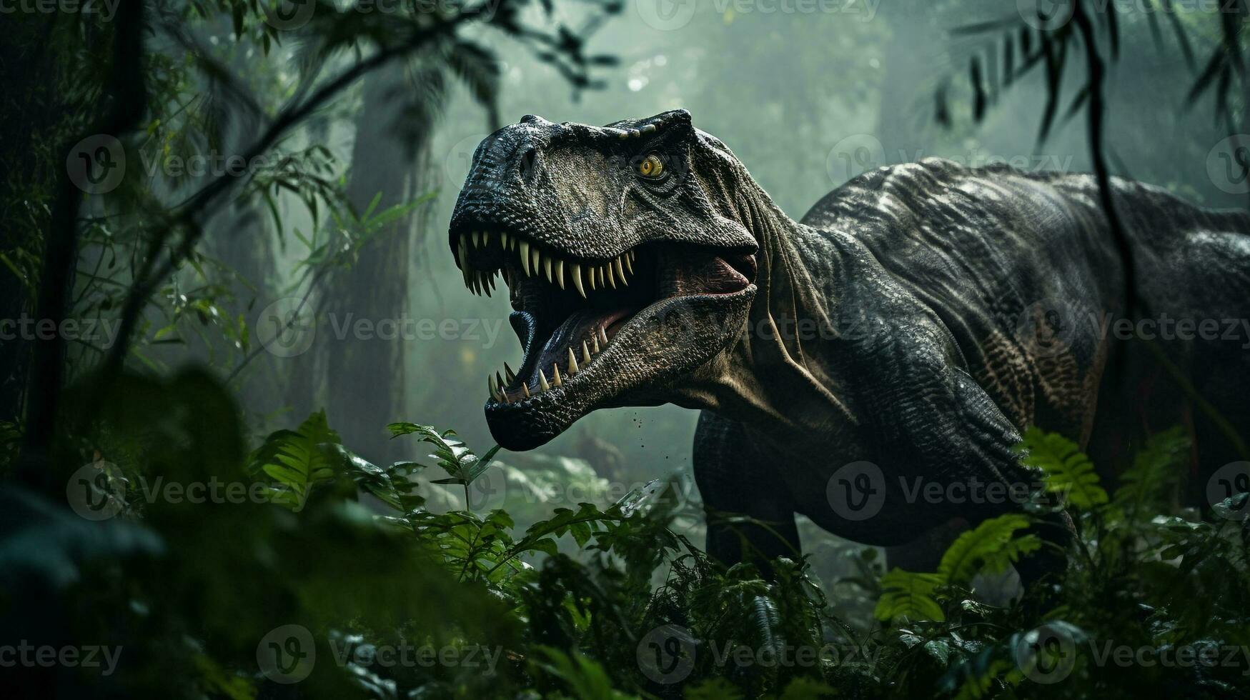 Photo of Tyrannosaurus Rex Rex in the Jungle. Generative AI