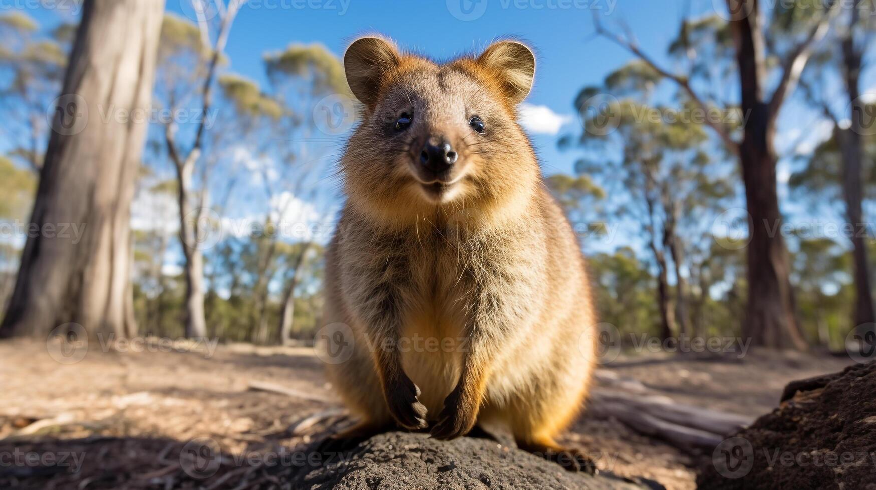 Photo of Quokka in ther forest with blue sky. Generative AI