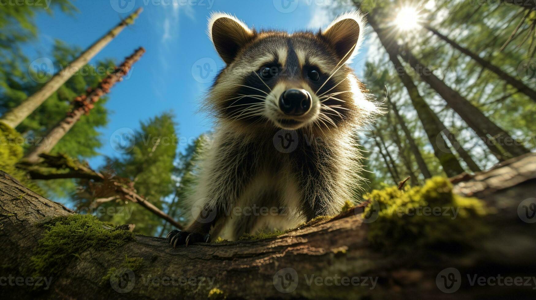 Photo of Raccoon in ther forest with blue sky. Generative AI