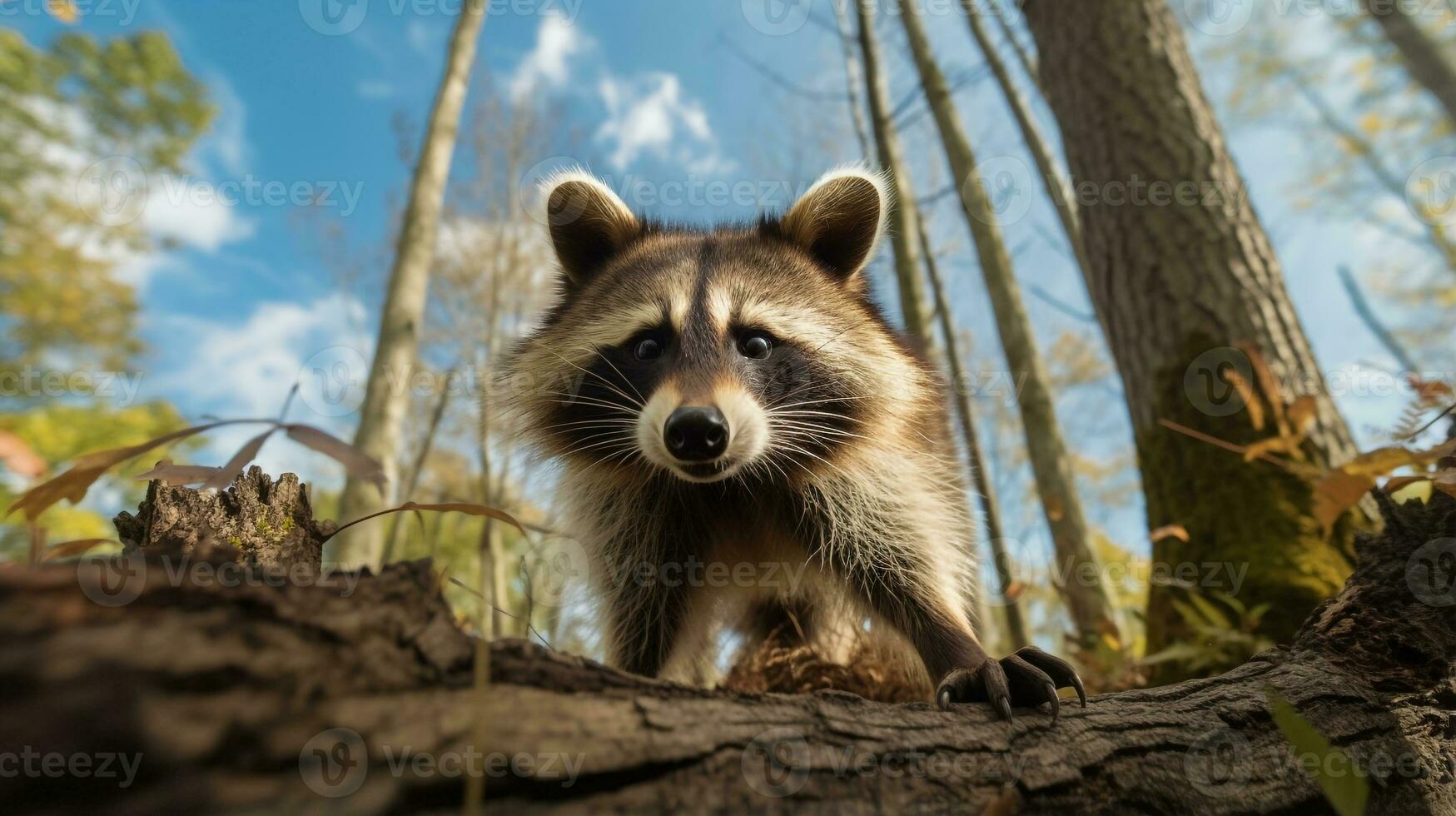 Photo of Raccoon in ther forest with blue sky. Generative AI