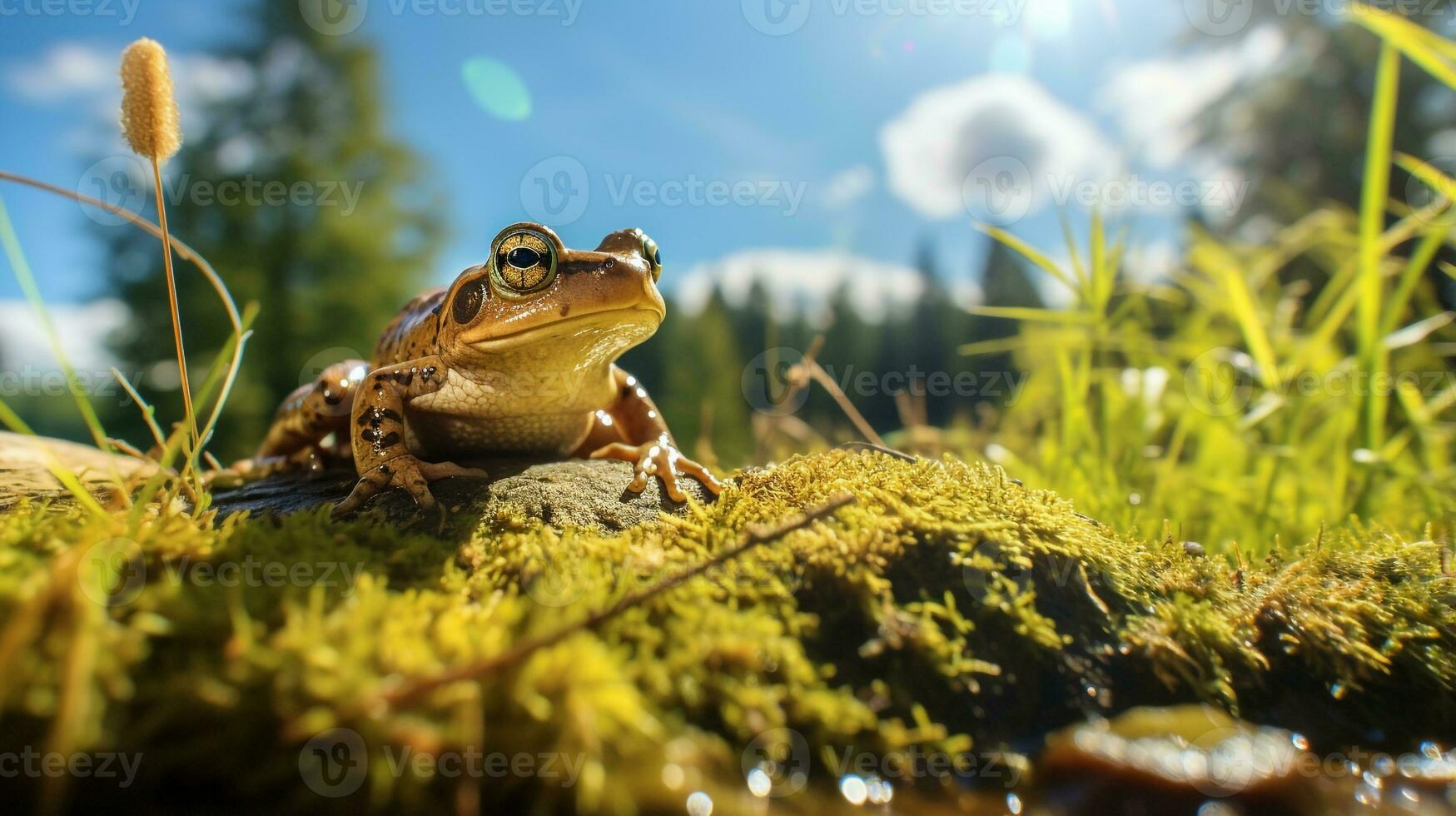 Photo of Frog in ther forest with blue sky. Generative AI