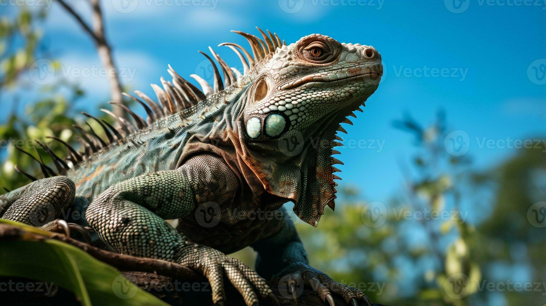 Photo of Iguana in ther forest with blue sky. Generative AI