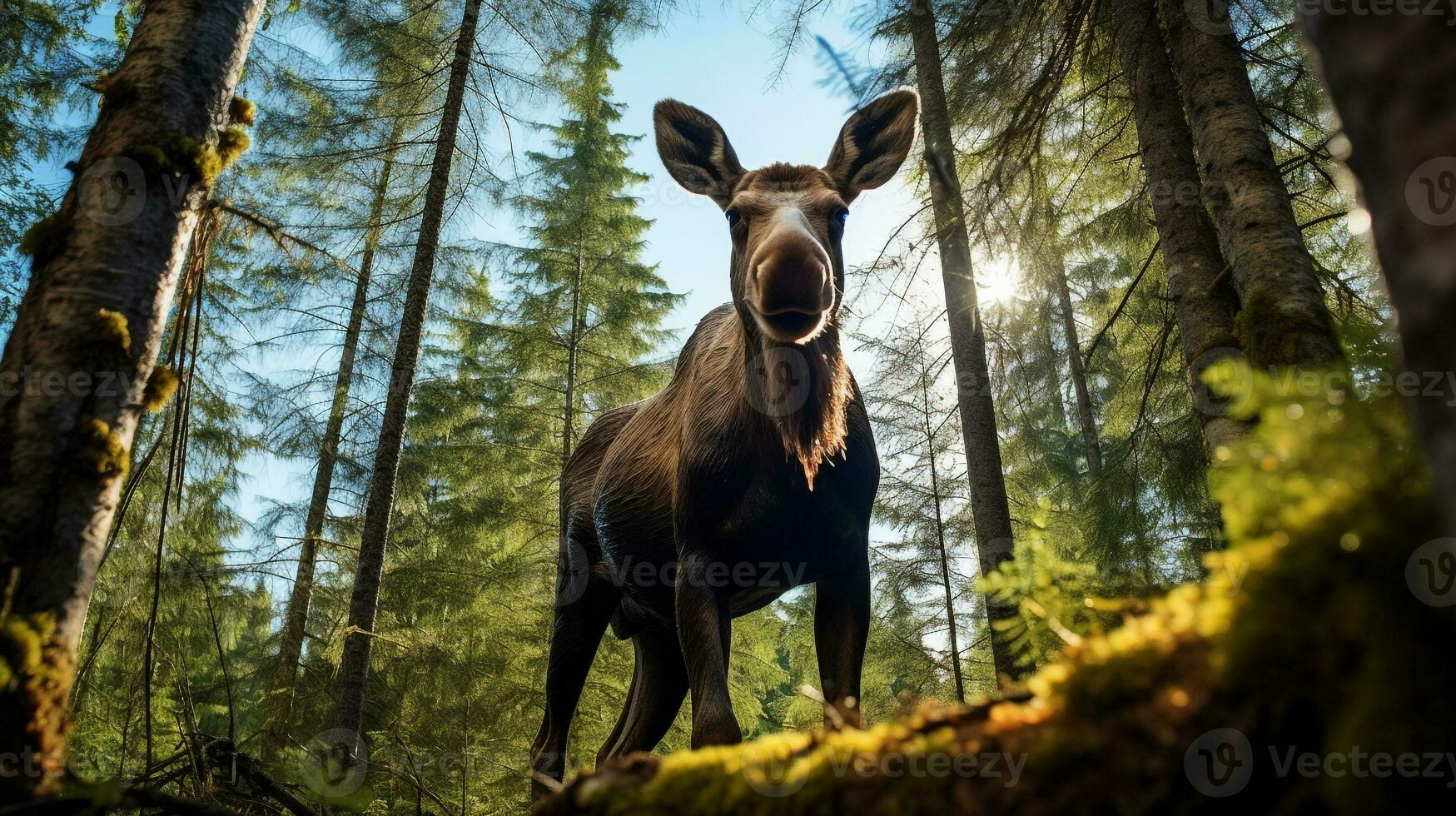 Photo of Moose in ther forest with blue sky. Generative AI