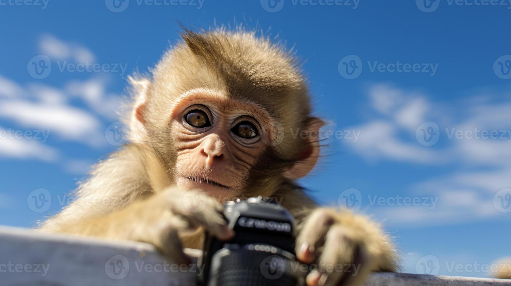 Photo of Monkey in ther forest with blue sky. Generative AI