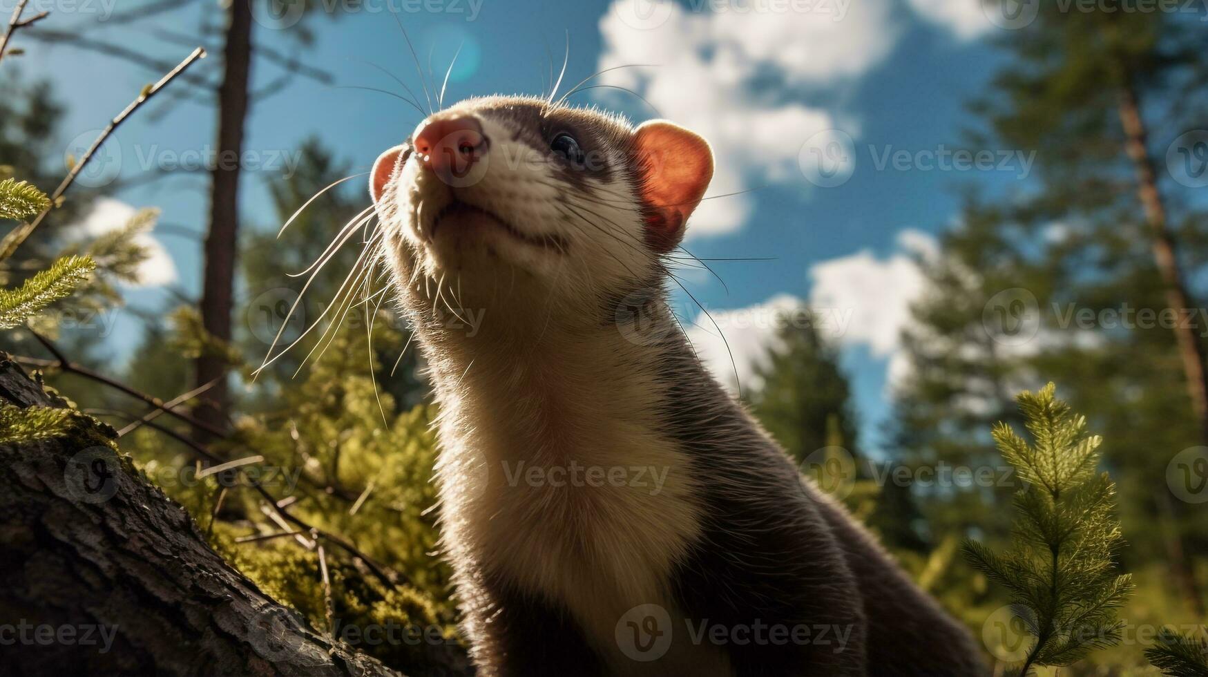 Photo of Ferret in ther forest with blue sky. Generative AI