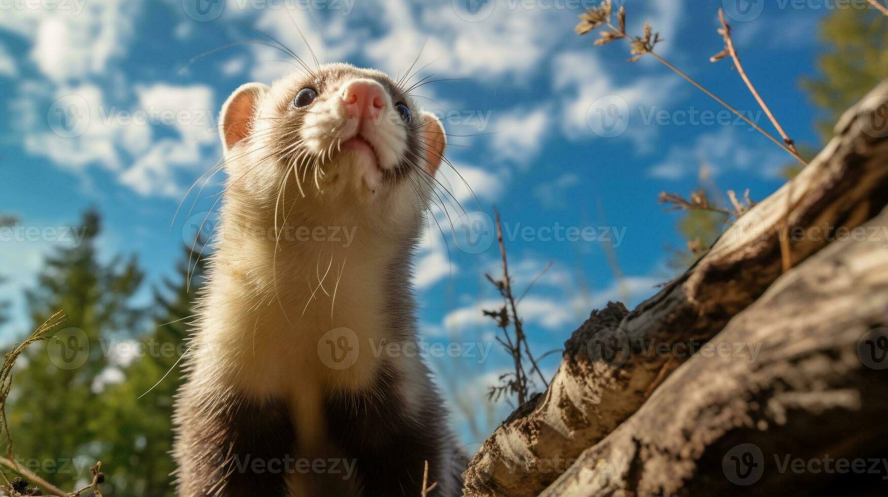 Photo of Ferret in ther forest with blue sky. Generative AI