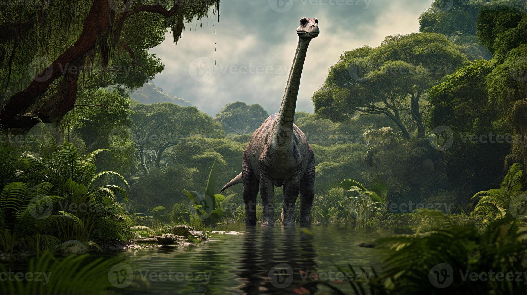 Photo of Brontosaurus Rex in the Jungle. Generative AI