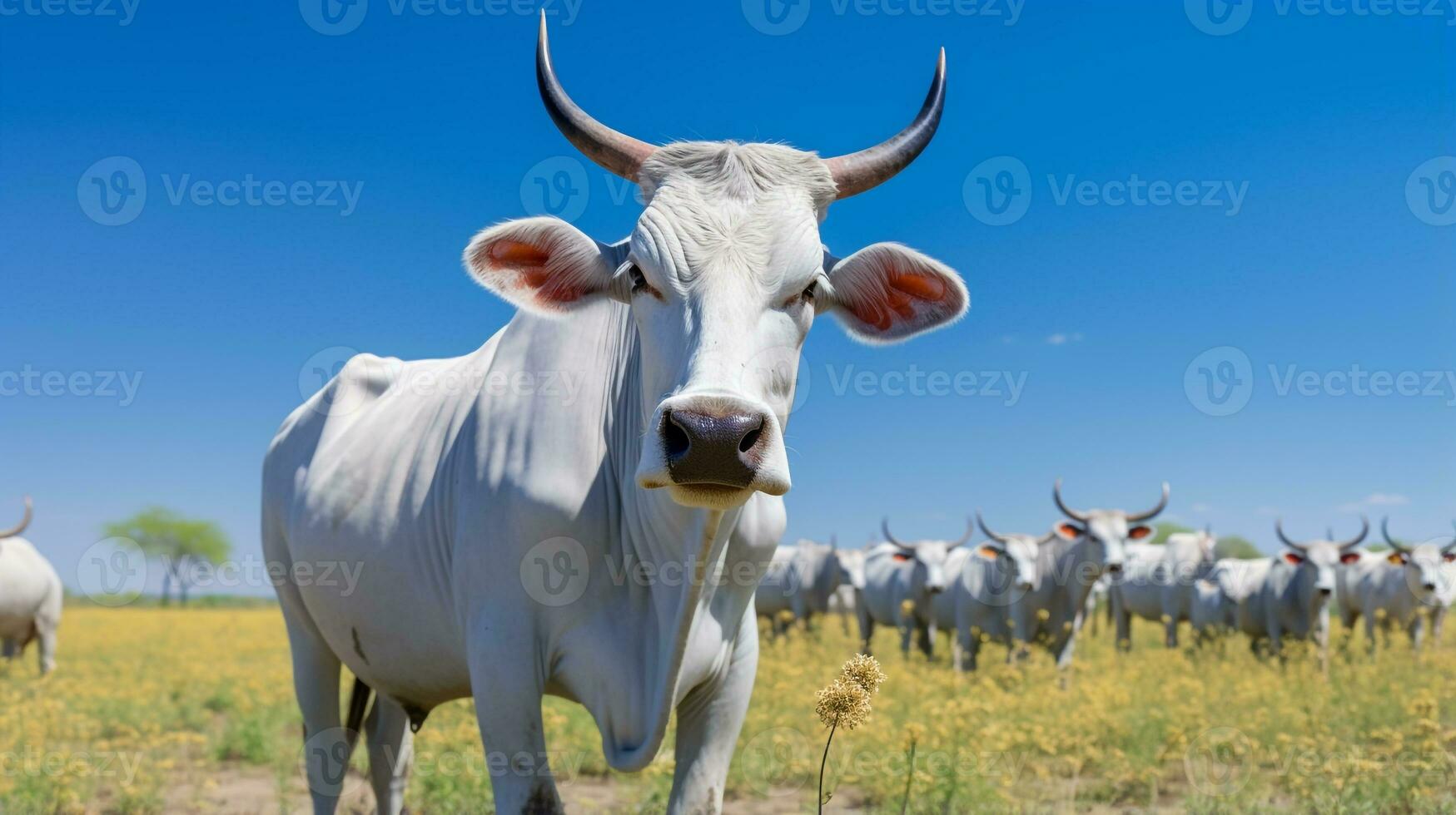 Photo of a Zebu Brahman cattle in the Farmland. Generative AI