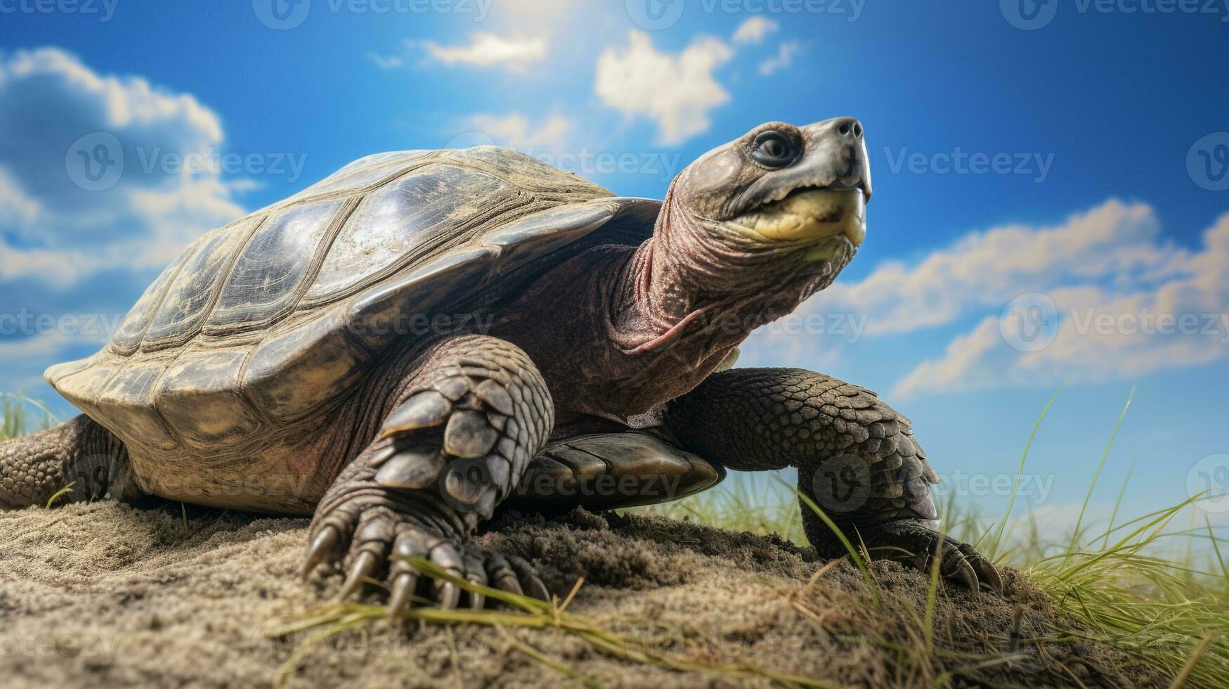 foto de un chasquido Tortuga debajo azul cielo. generativo ai