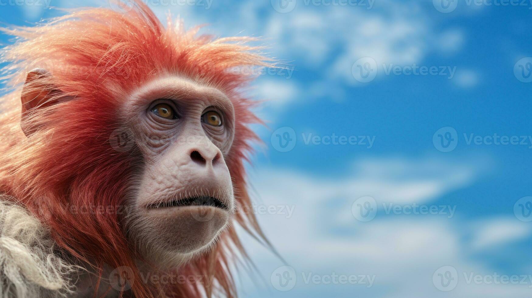 Photo of a Uakari monkey under Blue Sky. Generative AI