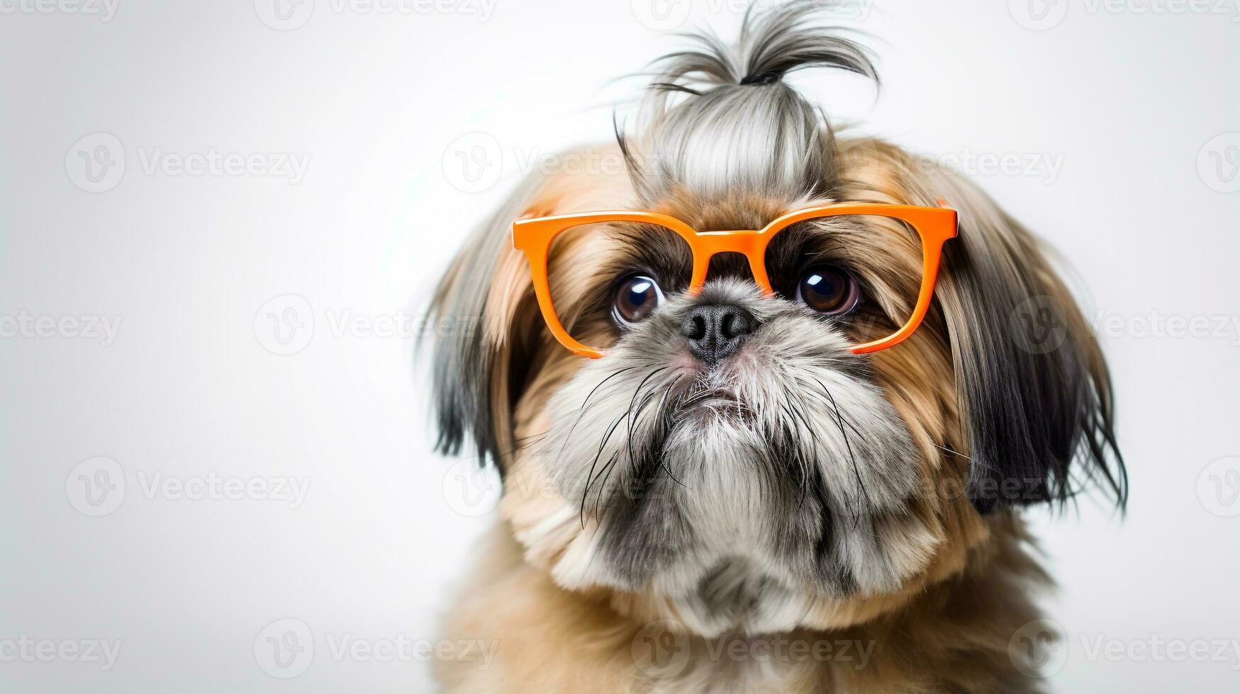 Photo of a Shih Tzu dog using eyeglasses isolated on white background. Generative AI