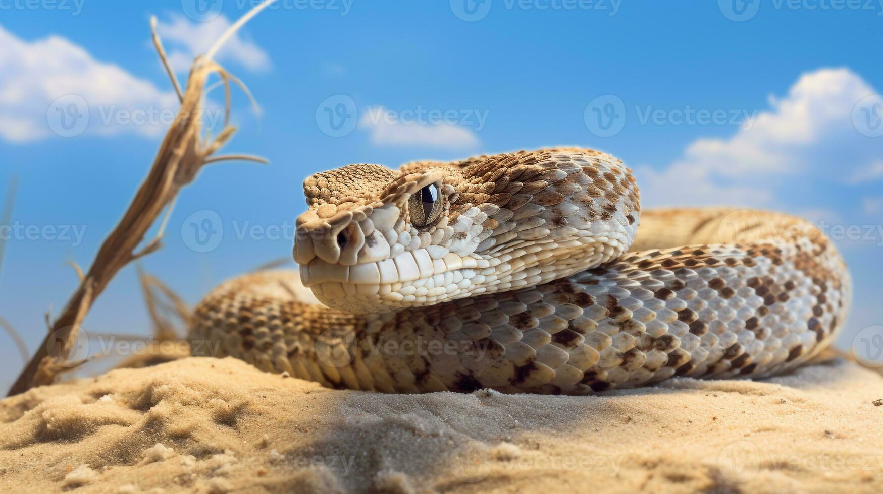 Photo of a Sidewinder Rattlesnake in a Desert with blue sky. Generative AI