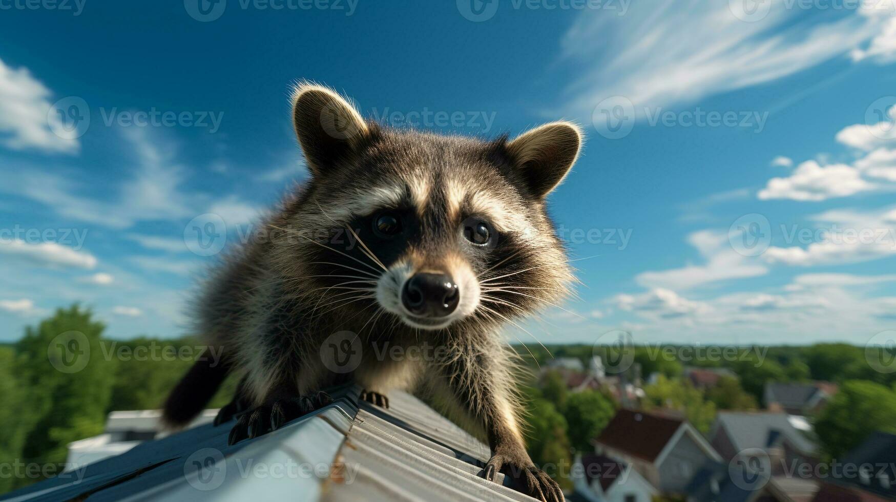 Photo of a Raccoon under Blue Sky. Generative AI