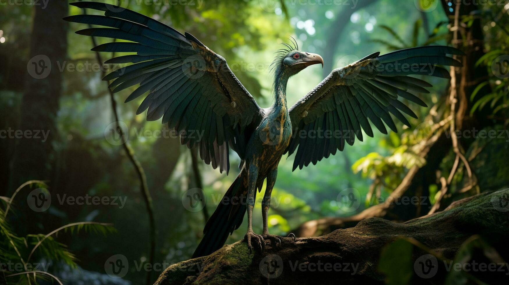 Photo of Archaeopteryx Rex in the Jungle. Generative AI